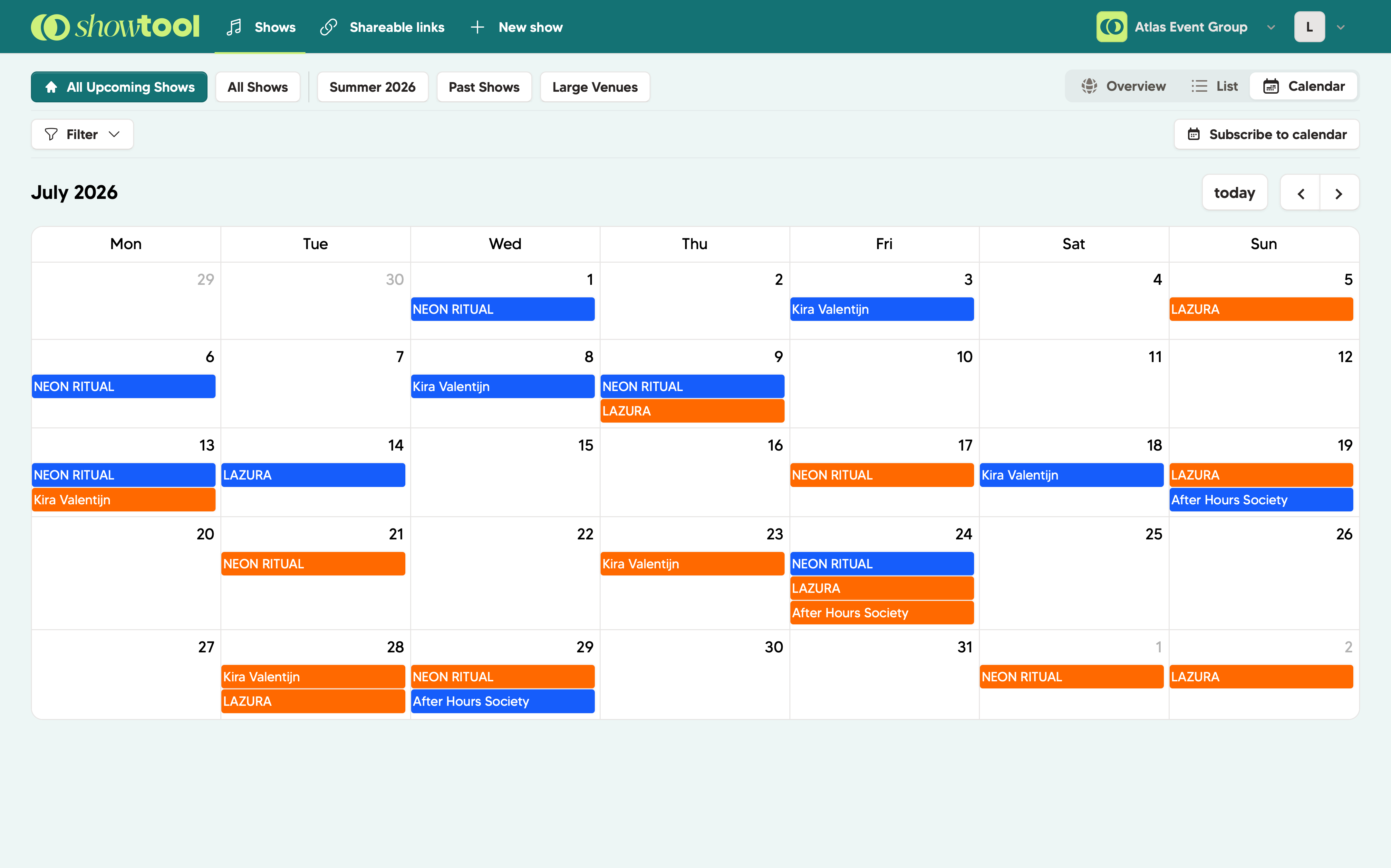 Showtool calendar